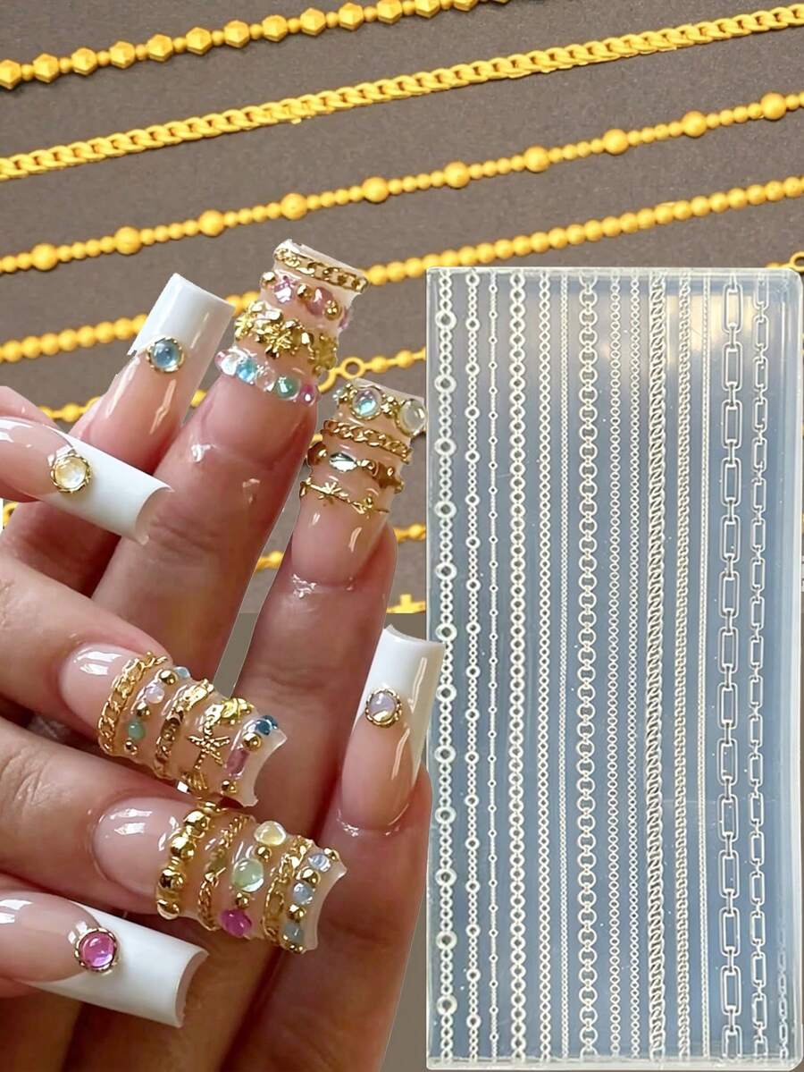 15 Styles 3D Chain Silicone Nail Mold, Multi‑Pattern Mini Gold‑Look Chain Resin Mould, Star Heart Cross O‑Bead Chain Nail Charm Making Tool, DIY Luxury Chain Nail Charms Manicure Tools