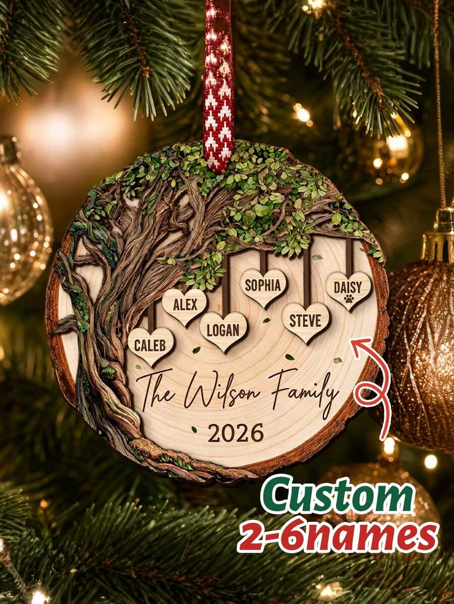 Custom Family Tree Heart Ornament, Personalized Christmas Tree Decor, Rustic Family Name Hanging Keepsake, Customized 2-6 Names Holiday Home Accent, Customizable Xmas Gift For Parents, Couples, Family 2026, Christmas Decorations, Merry Christmas - Style a - View 1