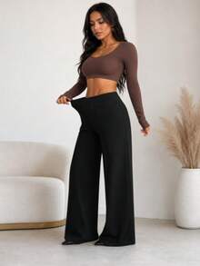 Plus Size Black Daily Multi-Purpose Commute Minimalist Solid Color Wide Leg Pants, Everyday Wear - Black - View 11