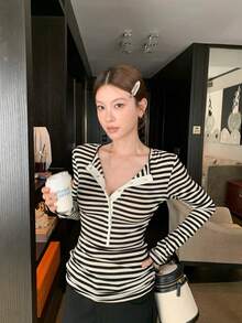 Women's Ribbed Slim Fit Half-Neck T-Shirt - Black and White Stripes - View 5