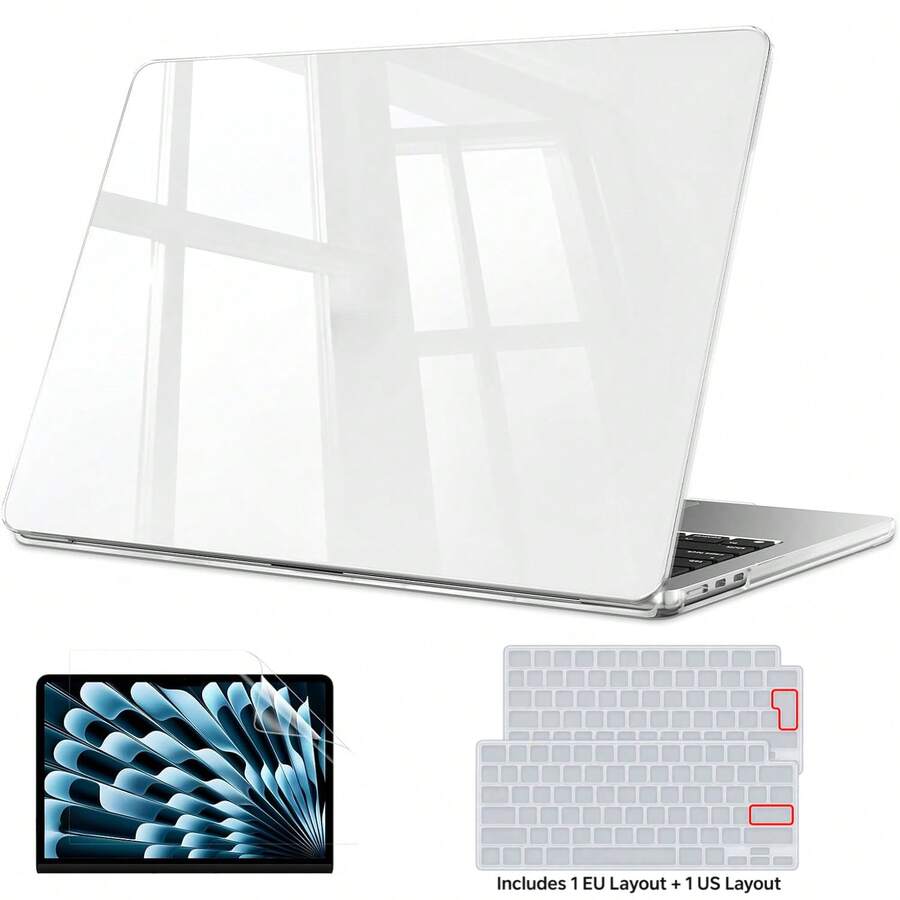 Compatible With MacBook Air 13.6 Inch Case M5 M4 M3 M2 2026-2022, 3 Pieces Protective Kit With Sparkly Clear Hard Shell Case, Screen Protector & EU/US Keyboard Films, Includes 1 EU + 1 US Layout, Glitter Transparent Cover, A3449 A3240 A3113 A2681