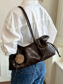 Vintage Drawstring Underarm Shoulder Tote Bag, Paired With Atmospheric Hanging Decorations, Suitable For Daily Commuting, Shopping, Dating, And Travel - Coffee - View 3
