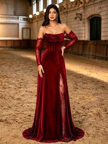 Autumn/Winter Elegant Velvet & Lace Patchwork Fishbone Corset High Slit Formal Long Evening Gown, Ruched Heart Neckline Sheer Long Sleeve, Party & Wedding Style - Burgundy - View 6