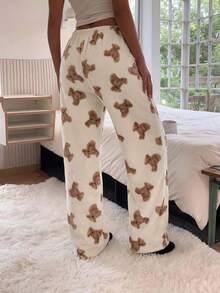 1pc Women's Autumn/Winter Teddy Bear Print Soft Comfortable Flannel Thermal Lined Pajama Pants - Apricot - View 2