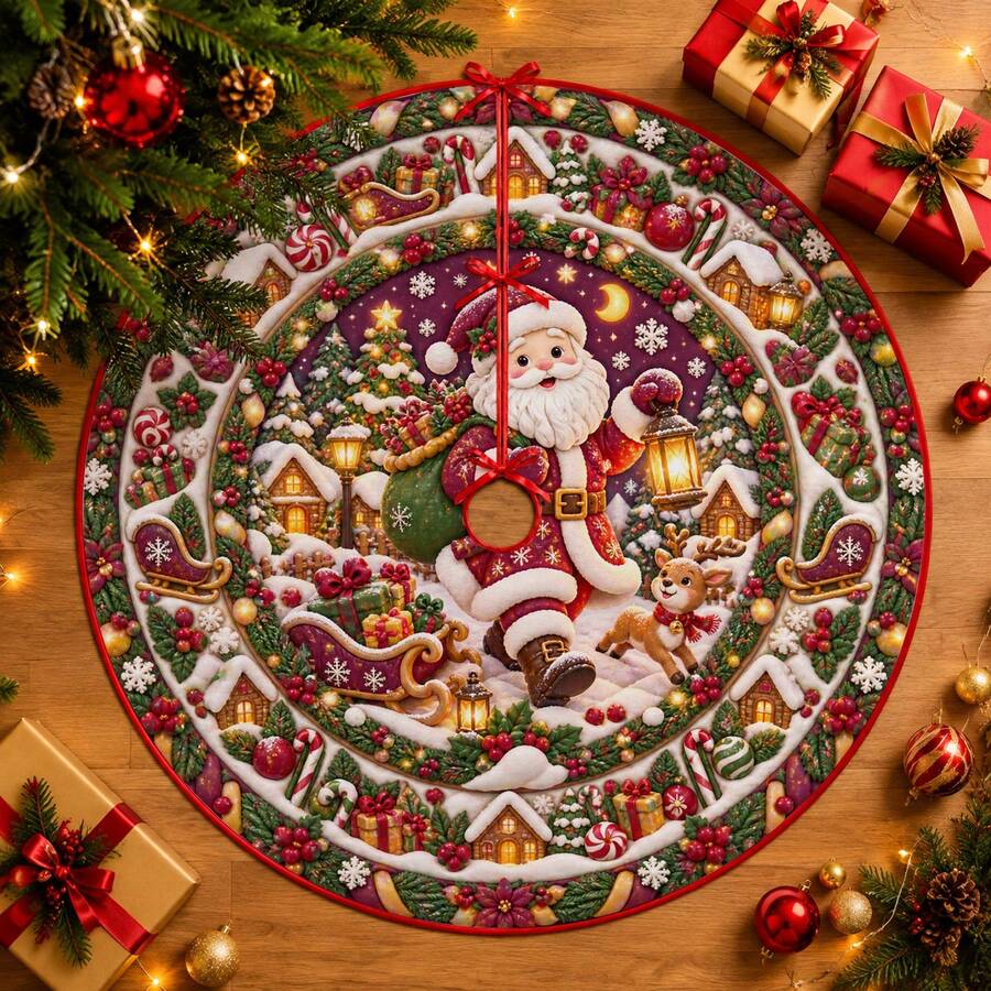 1pc Santa Claus Snowy Night Pattern Christmas Tree Skirt, Elegant Color Holiday Decoration, 5 Sizes, Unisex Holiday Gift, Suitable For Home And Party Christmas Decor - Santa's Snowy Night - View 1