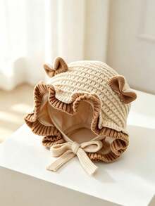 1pc Cute Bow Ruffle Knit Hat, Soft Thermal Lined Winter Tie Earflap Hat, Sweet Princess Style Girls Hat, Suitable For 0-3 Years Old - Multicolor - View 6