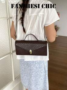 Woven Embossed Envelope Baguette Handbag With Vintage Metal Lock, Crossbody Long Small Bag, Premium Commuter Party Handbag, Ins Niche Design Elegant Women's Daily Versatile Storage Bag - Coffee Brown - View 3
