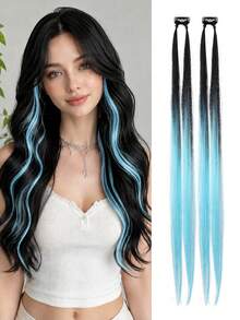 2pcs Gradient Color Clip-In Hair Extensions, Long Straight Gradient Hair Extensions With Clips, Suitable For Daily Wear, Party, Cosplay And Holiday Dress-Up - Multicolor - View 8