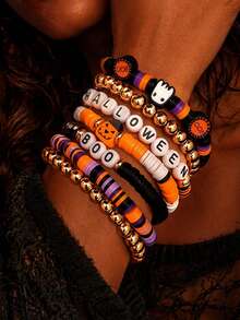 7pcs/Set Halloween Pumpkin Decor With CCB Gold Beads Soft Clay Bracelet, Punk Gothic Style Women's Hand Jewelry, Suitable For Halloween Wear, Soft Clay Quantity And Color Arrangement Are Random - Multicolor - View 1