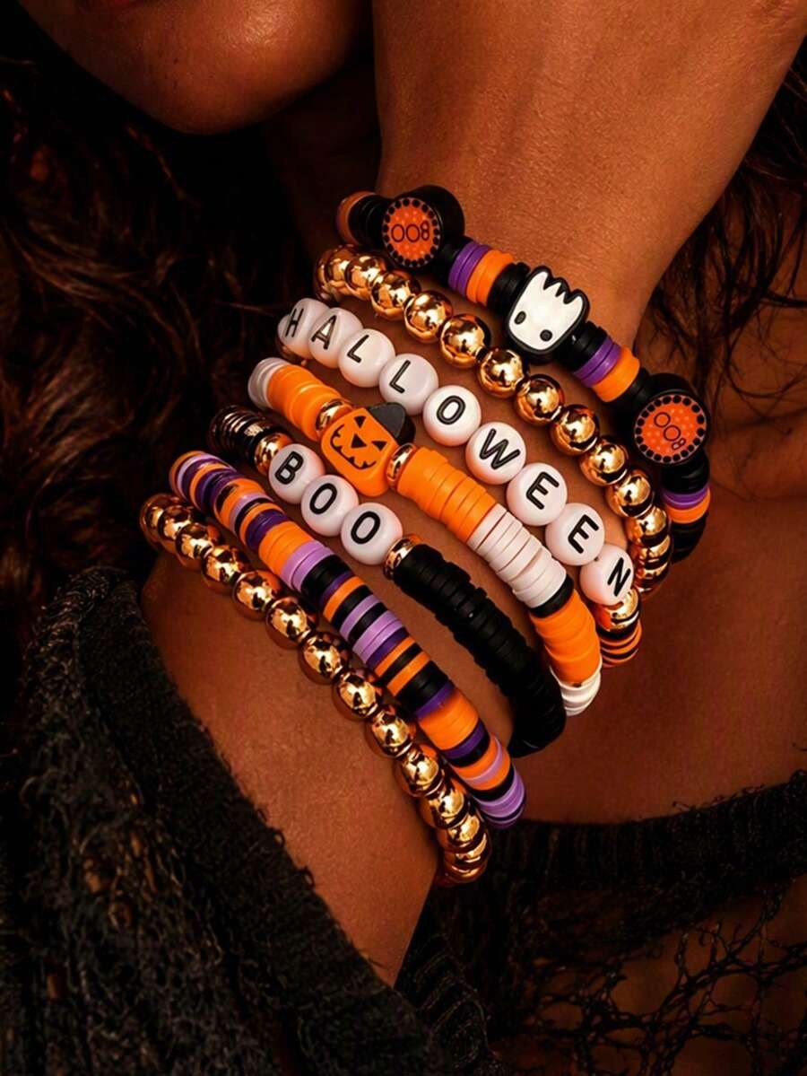 7pcs/Set Halloween Pumpkin Decor With CCB Gold Beads Soft Clay Bracelet, Punk Gothic Style Women's Hand Jewelry, Suitable For Halloween Wear, Soft Clay Quantity And Color Arrangement Are Random - Multicolor - View 1