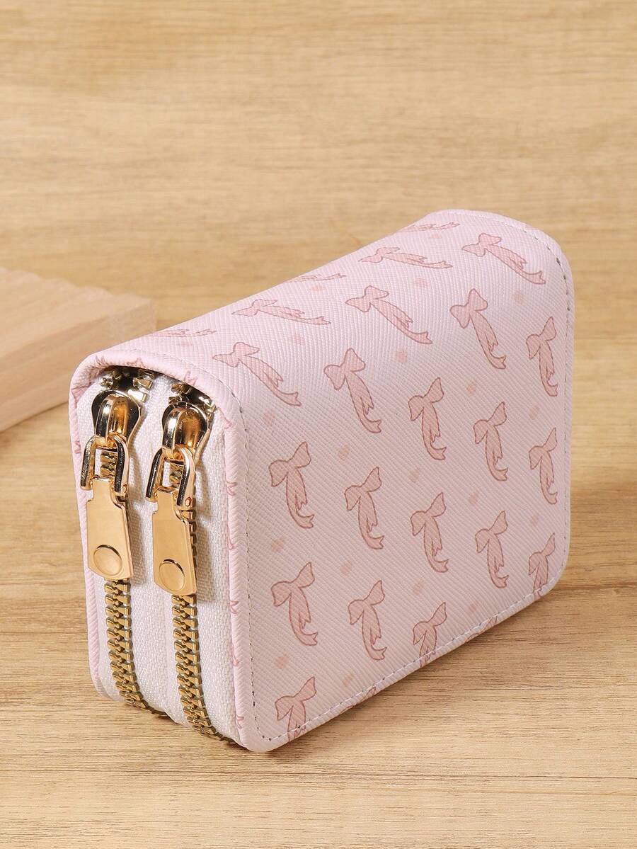 Women's Bow Print Double Zipper Zip Wrap Credit Card Storage Bag With Large Capacity And Multiple Card Slots, Suitable For Outdoor Use - Pink - View 1