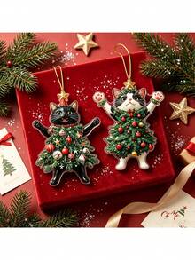 2pcs Christmas Acrylic Cat Ornaments, Flat Plastic Hanging Decor For Christmas Tree, Festive Pendants For Fireplace And Ceiling, Cute Cat In Christmas Tree Design, Suitable For Keychain, Bag And Car Rearview Mirror - Multiple Styles - View 8