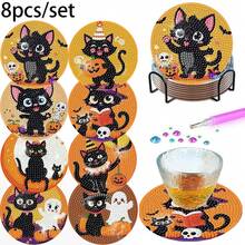 Halloween Spooky Diamond Art Craft Kit, 8Pcs DIY Handmade Diamond Painting Coasters, Black Cat Ghost Pumpkin Design Table Coaster Supplies For Halloween Holiday Gift - Sets - View 1