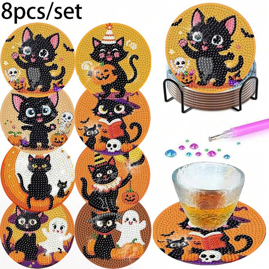 Halloween Spooky Diamond Art Craft Kit, 8Pcs DIY Handmade Diamond Painting Coasters, Black Cat Ghost Pumpkin Design Table Coaster Supplies For Halloween Holiday Gift - Sets - View 1