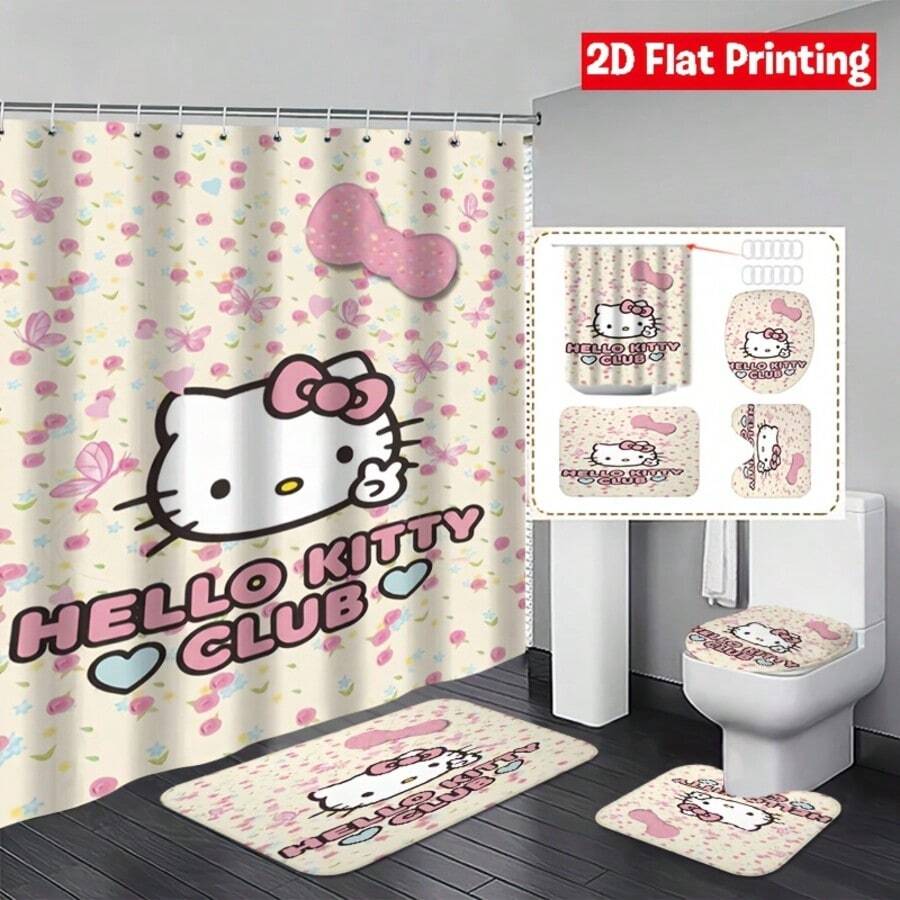 4-Piece Sanrio Hello Kitty Theme Bathroom Set, With Bow Design, Perfect For Bathroom Decor And Ensuring Privacy (Includes 2 Shower Curtains, 1 Toilet Lid Cover And 1 Shower Curtain) - Shower Curtain Set - View 1