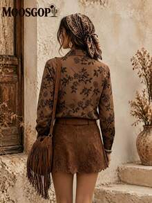 Women's Autumn/Winter New Fashion Versatile Minimalist Elegant French Romantic Style Lace Design Flare Sleeve Blouse - Rust Brown - View 7