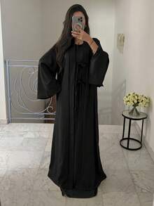 Women's Elegant Middle Eastern Style Sleeveless Robe And Bowknot Long Cardigan Two Pieces Set Spring Black Fall - Black - View 1