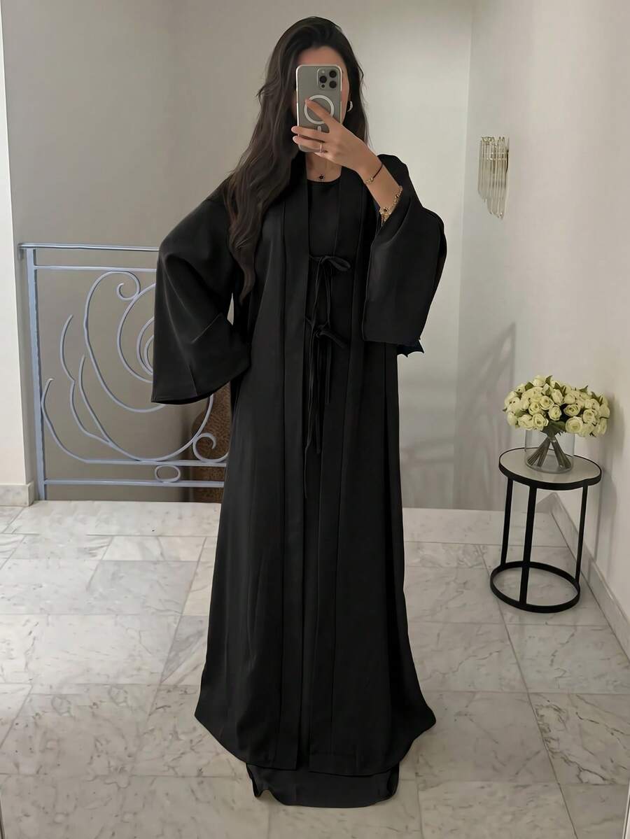 Women's Elegant Middle Eastern Style Sleeveless Robe And Bowknot Long Cardigan Two Pieces Set Spring Black Fall - Black - View 1