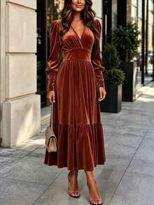 Elegant Women's Burgundy Velvet Long Dress, Deep V-Neck Long Sleeve, A-Line Ruffle Hem, Perfect Choice For Autumn Party Fall - Brown - View 1