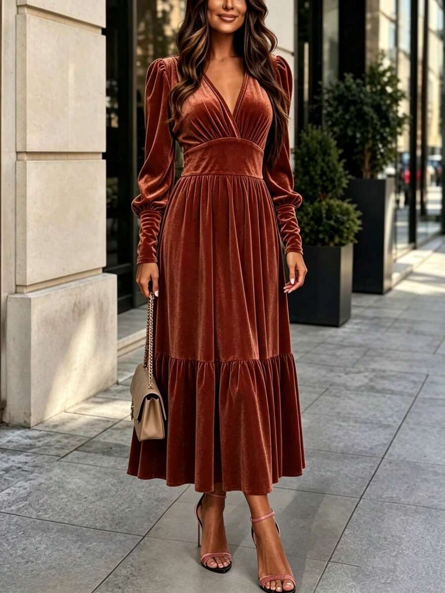 Elegant Women's Burgundy Velvet Long Dress, Deep V-Neck Long Sleeve, A-Line Ruffle Hem, Perfect Choice For Autumn Party Fall - Brown - View 1