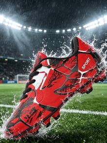 1 Pair Black White Red Gradient Camouflage Pattern Dream Football Cleats, Studded, Fast Anti-Slip, Hook-And-Loop Easy On/Off, Lightweight And Breathable (Asymmetrical Camouflage Pattern And Color On Upper) - Bright Red - View 8