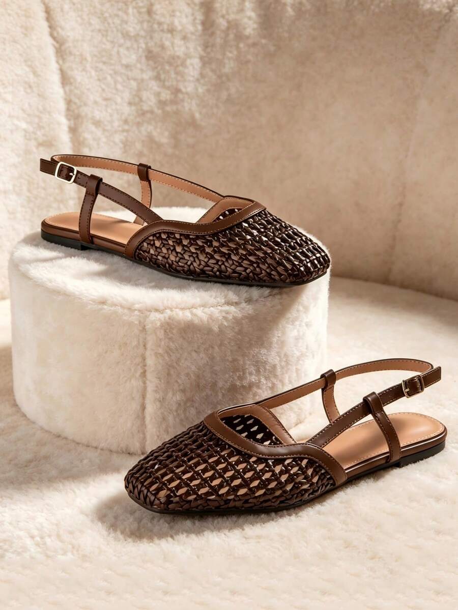 Women's Woven Hollow Back Strap Flat Shoes, Square Toe Adjustable Buckle Retro Style Summer Outdoor Sandals, New Ballet Shoes Casual Comfortable Soft Sole Mary Jane Slip-On Versatile Flat Shoes For Daily Commute - Brown - View 1