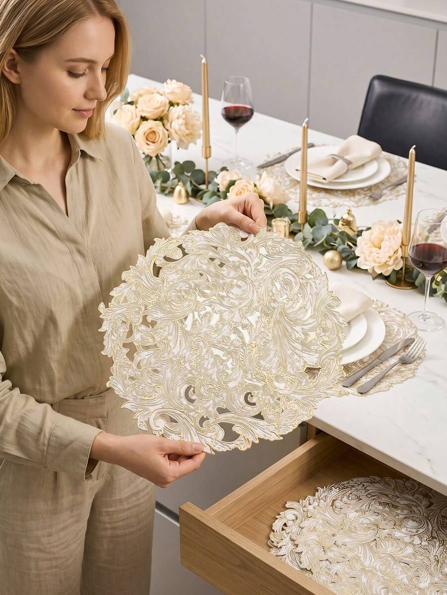 12pcs, Gold Flower PVC Placemats, Waterproof And Oil-Resistant Western Style Table Mats, Washable And Odorless Tableware Pads, Non-Slip Table Decor Mats, Suitable For Restaurants, Cafes, Homestays, Festivals, Parties, Gatherings, Birthdays, Weddings, Dinner Parties. - Multicolor - View 1