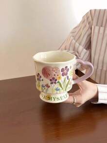 Fashionable High-End Cute Floral Print Ceramic Coffee Cup, Heart-Shaped Handle, Wavy Shell Edge Base Tea Cup, Colorful Country Floral Pattern Ceramic Cup, Exquisite Home Dining Table Drinkware, Sweet Birthday Gift For Girls - Multicolor - View 9