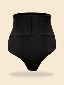 1pc Women's Lace Shaping Thong, High Waist Tummy Control Shapewear, Butt Lifting Slimming - Black - View 10
