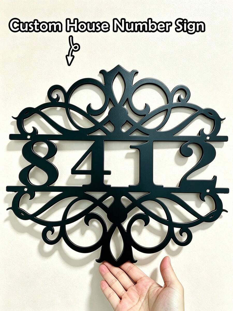 4 Sizes Available! Personalized Door Number Plate, Custom Outdoor Address Sign, Vintage Hollow Iris Metal Home Address Plaque, Custom Door Number Plate - Black - View 1
