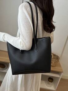 Fashion Solid Color PU Shoulder Tote Bag, Suitable For Women Shopping, Commuting And Daily Use - Black - View 5