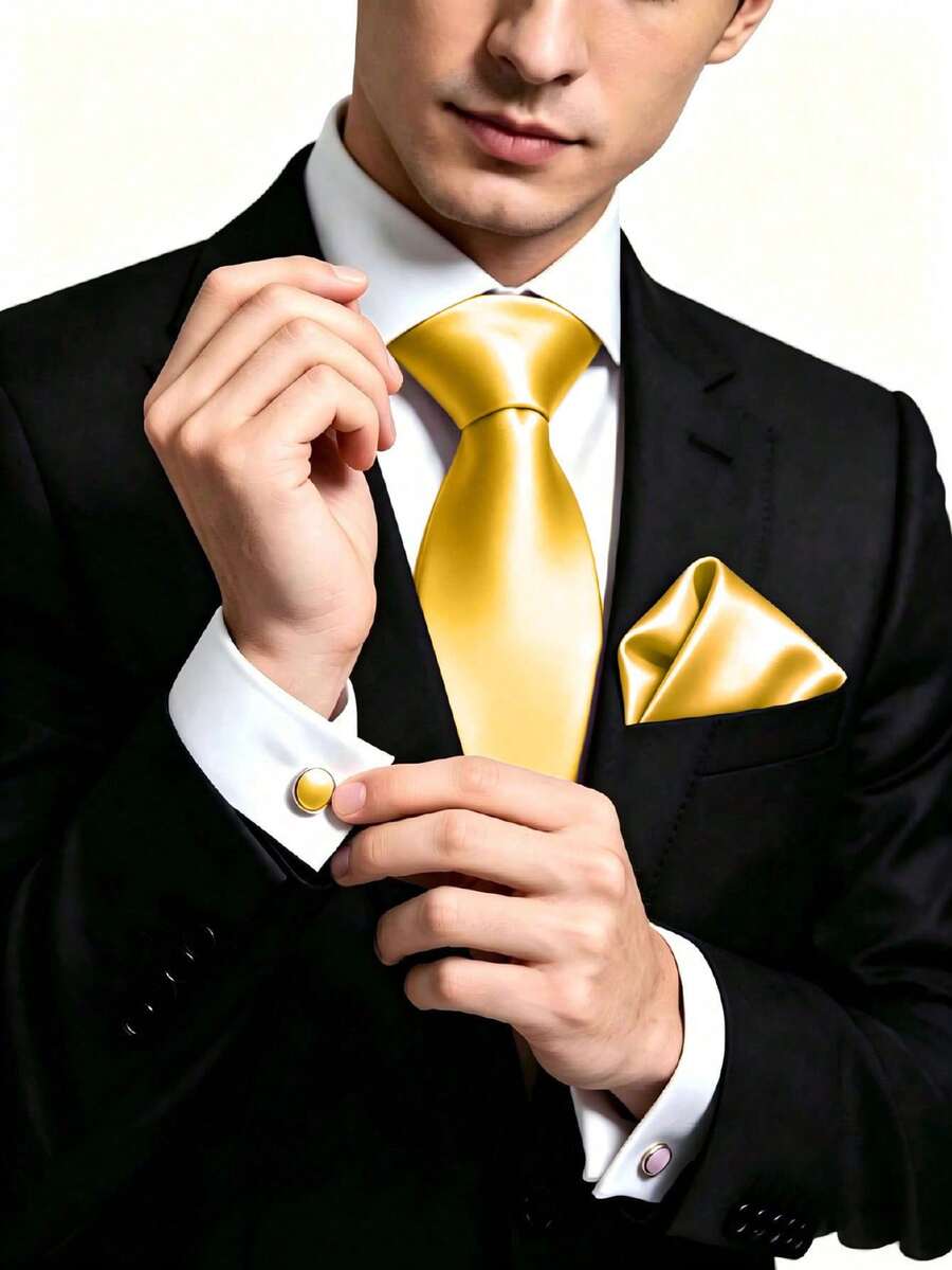 1 Set Men's 8cm Satin Tie, Pocket Square And Cufflinks Set, Suitable For Business Meetings, Wedding Parties, Groom Tie Set - Mustard Yellow - View 1