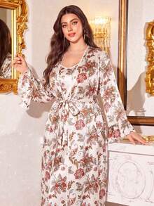 Elegant Vintage Floral Print Plus Size 2-Piece Set, Satin Contrast Trim Buttonless Cardigan + Camisole Dress - Apricot - View 4