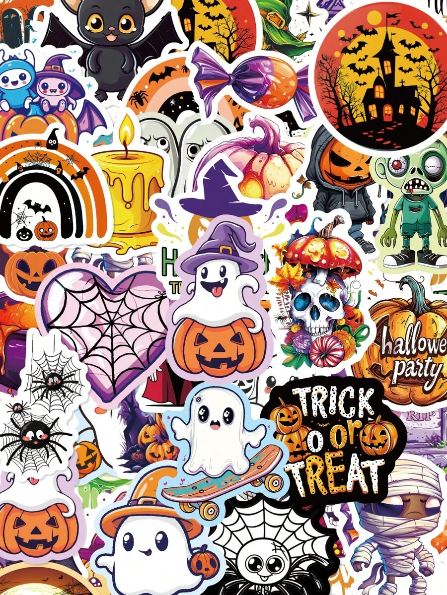 50Pcs Playful Cartoon Halloween Stickers, Cute Ghost, Pumpkin, Mummy, Zombie And Spider Elements, Bright Vivid‑Tone Illustration, For Journal, Water Bottle, Notebook, Storage Box Decoration - Multicolor - View 1