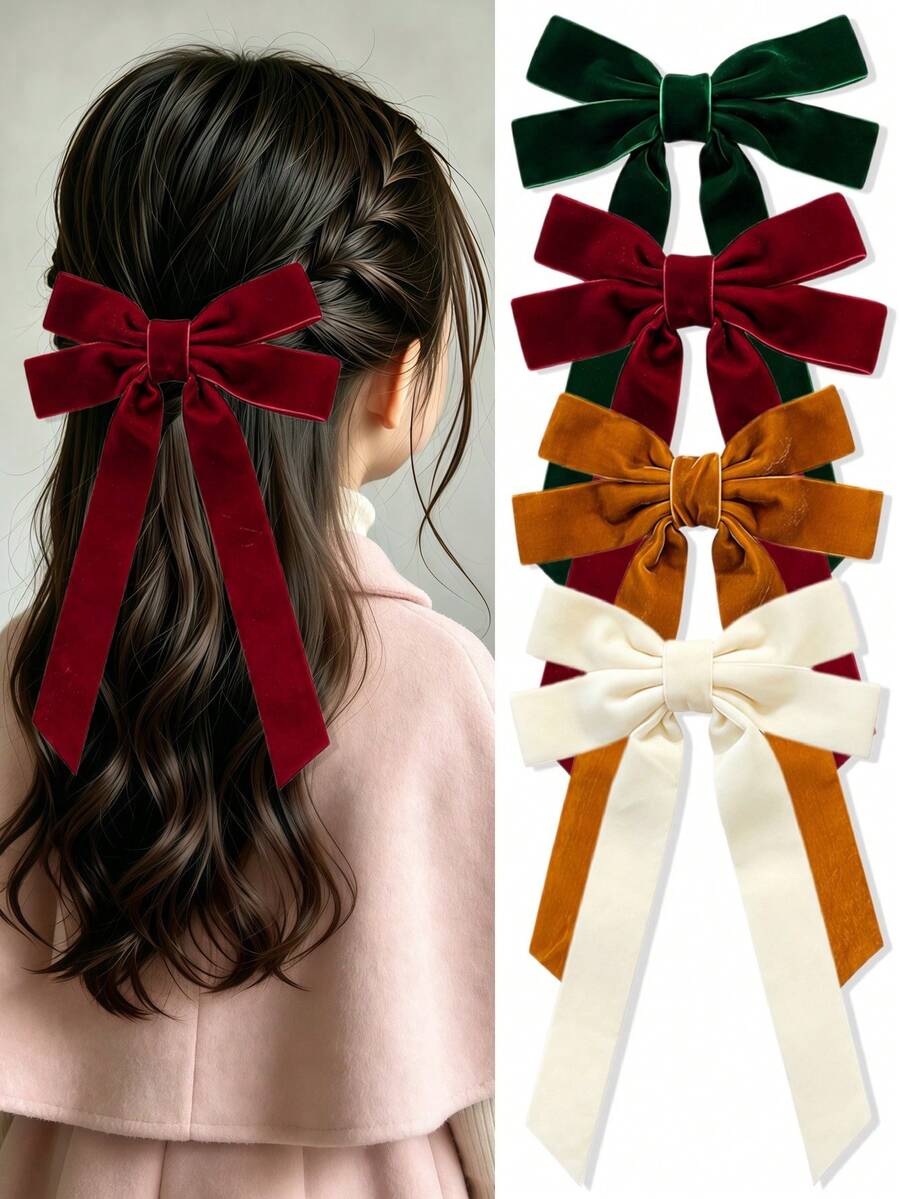 4/2/1pc Vintage Velvet Long Ribbon Bow Hair Clip, Basic Durable Non ...