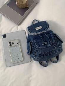 Retro Drawstring Drawstring Backpack, Embellished With Lace And Labels, Featuring Multiple Pockets, Suitable For Shopping, Dating And Daily Travel - Blue - View 11