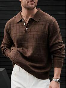 Men's Autumn/Winter Plaid Slim Fit Regular Shoulder Polo Collar Long Sleeve Sweater - Brown - View 1