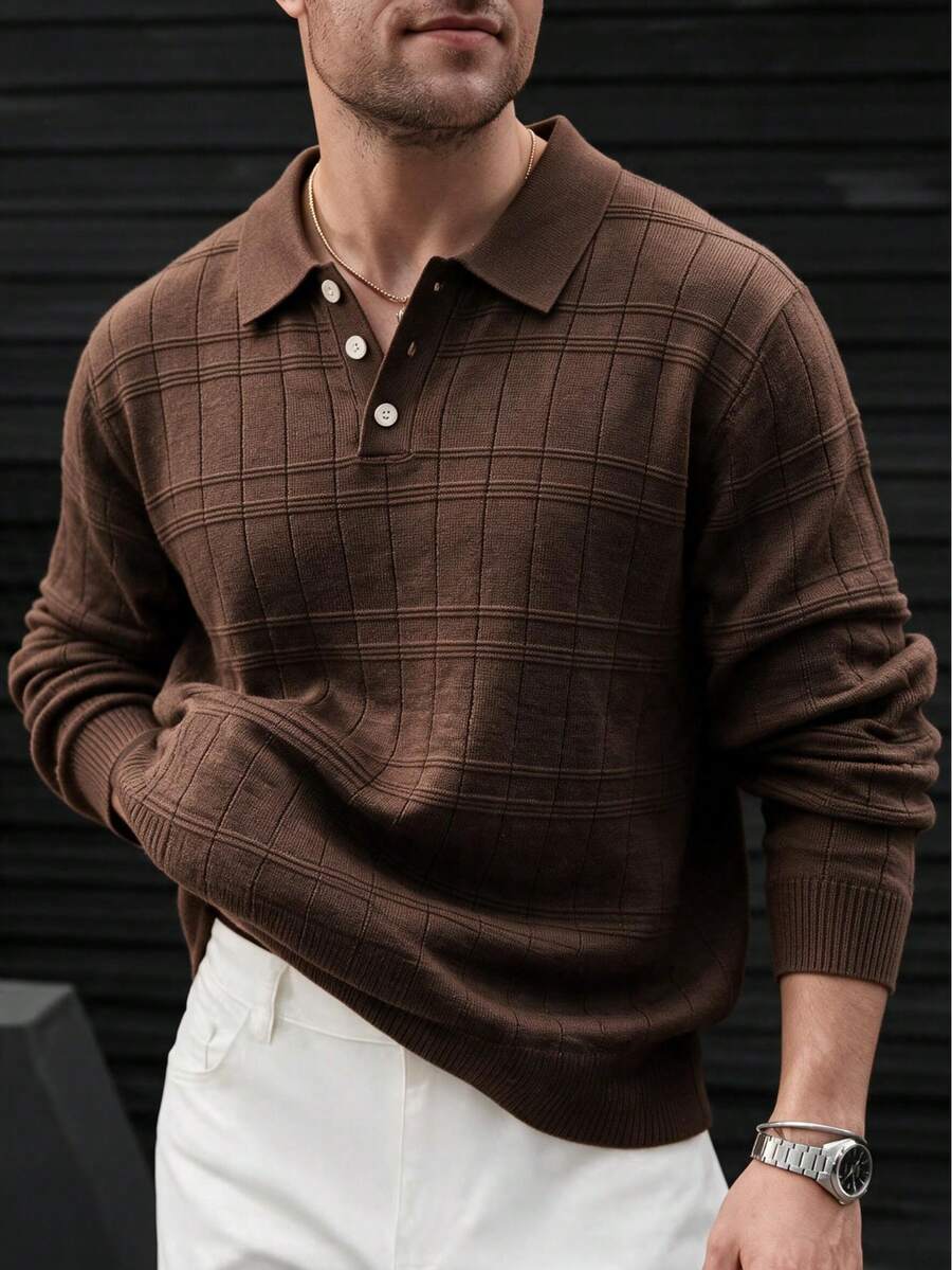 Men's Autumn/Winter Plaid Slim Fit Regular Shoulder Polo Collar Long Sleeve Sweater - Brown - View 1