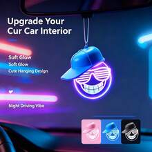 1Pc Cool Smiling Face Car Hanging Neon Light With Hat, USB Rechargeable LED Auto Rearview Mirror Pendant Lamp, Colorful Glowing Interior Decor Ornament - Multi-color light - View 3