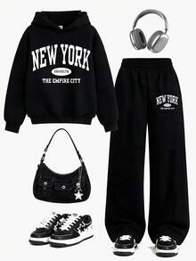 Teen Girls Streetwear Versatile Printed Hoodie + Casual Loose Long Pants 2-Piece Set, Suitable For Spring/Autumn, Vacation, Shopping, Sports And Other Occasions - Black - View 1