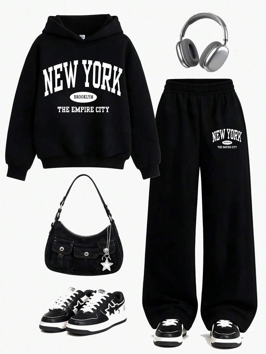 Teen Girls Streetwear Versatile Printed Hoodie + Casual Loose Long Pants 2-Piece Set, Suitable For Spring/Autumn, Vacation, Shopping, Sports And Other Occasions - Black - View 1