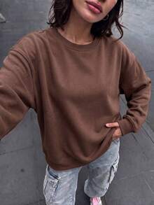 女款保暖內裡長袖休閒衛衣,標準版型,適合秋季休閒穿著 - 棕色 - 查看 3