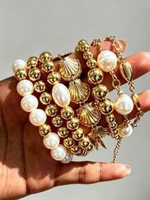 7pcs/Set Vintage Elegant Casual Style Pearl Shell CCB Gold Bracelet Set, Suitable For Women's Daily Wear, Commuting, Vacation, Dating, Gift Giving - Gold - View 1