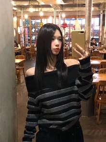 YCYC Black & Grey Striped Off-Shoulder Sweater, Women's Autumn/Winter Slouchy Chic Long Sleeve Knit Top - Black - View 7