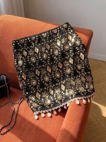Women's Fitted Mini Skirt, Sequin Geometric Pattern, Shell Bead Fringe Hem, Suitable For Hot Girl Club Party And Music Festival - Black - View 1