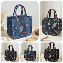 1pc Astronaut Print Corduroy Tote Bag, Snap Button Closure Cute Handbag, Reusable Lunch Tote Bag For Student School Daily Outdoor Shopping Use - Multicolor - View 1