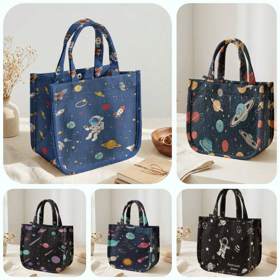 1pc Astronaut Print Corduroy Tote Bag, Snap Button Closure Cute Handbag, Reusable Lunch Tote Bag For Student School Daily Outdoor Shopping Use - Multicolor - View 1