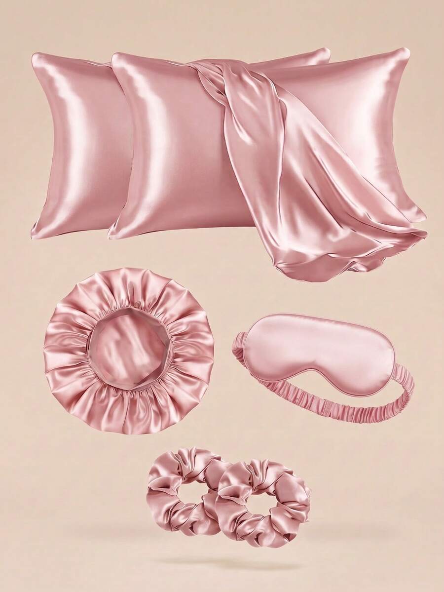 Set Perlengkapan Tidur Kasual Warna Polos 6 Buah dari Poliester Satin: Sarung Bantal, Topi Mandi, Masker Mata, dan Ikat Rambut, Kombinasi Hadiah Harian untuk 4 Musim - MultiWarna - View 1