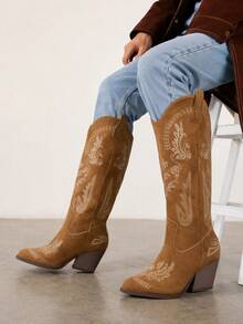 Women's Suede Material Vintage Embroidered Texture Slip-On Fashion Western Boots, Autumn/Winter Chunky Heel Pointed Toe Knee-High Western Boots - Brown - View 1