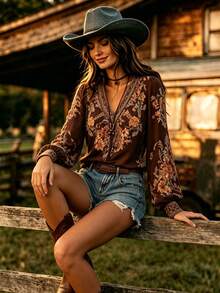 YI XUAN Women's Bohemian Floral Print Long Sleeve Blouse, Pullover Woven Textured Fabric, V-Neck Design, Summer Top - Brown - View 2